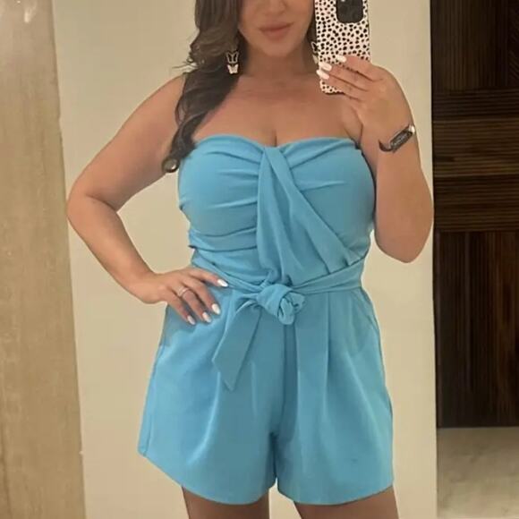 Great Jones Blue Strapless Romper LARGE Turquoise Vacation Resort Designer $260 - Picture 4 of 11